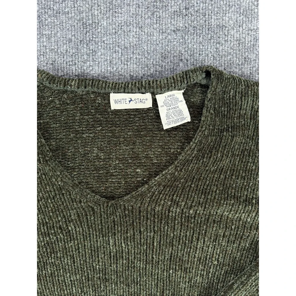 White Stag Women's Large Olive‎ Green V-Neck Sweater - Cottage, Boho, Fall, Cozy